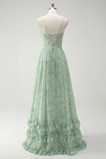 Zielone kwiaty w kształcie litery A Spaghetti Ramiączka Nadruk Długa sukienka dla druhen z rozcięciem